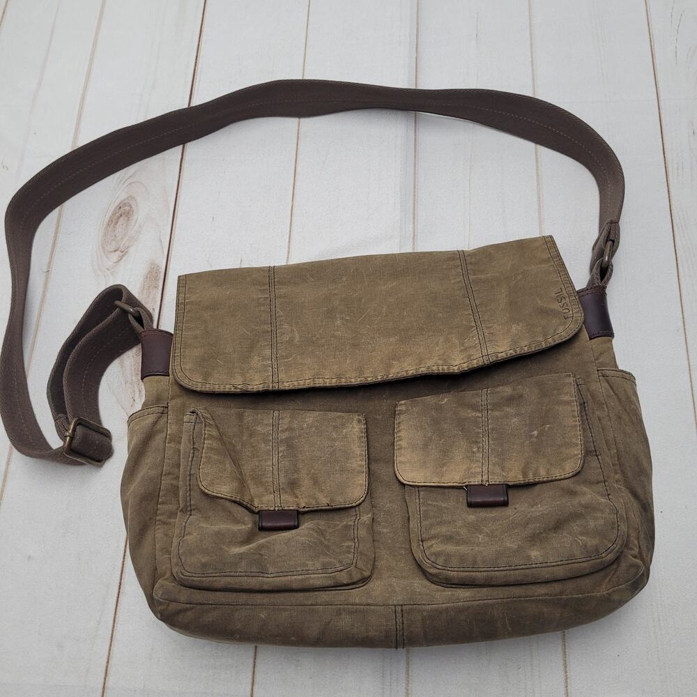 Vintage Fossil green waxed canvas leather tote messenger bag crossbody grunge